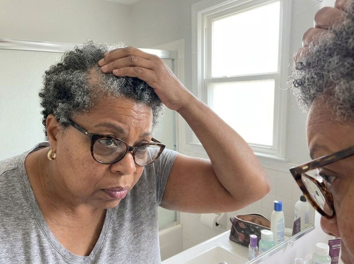 Woman doing anxious morning crown-check in bathroom mirror