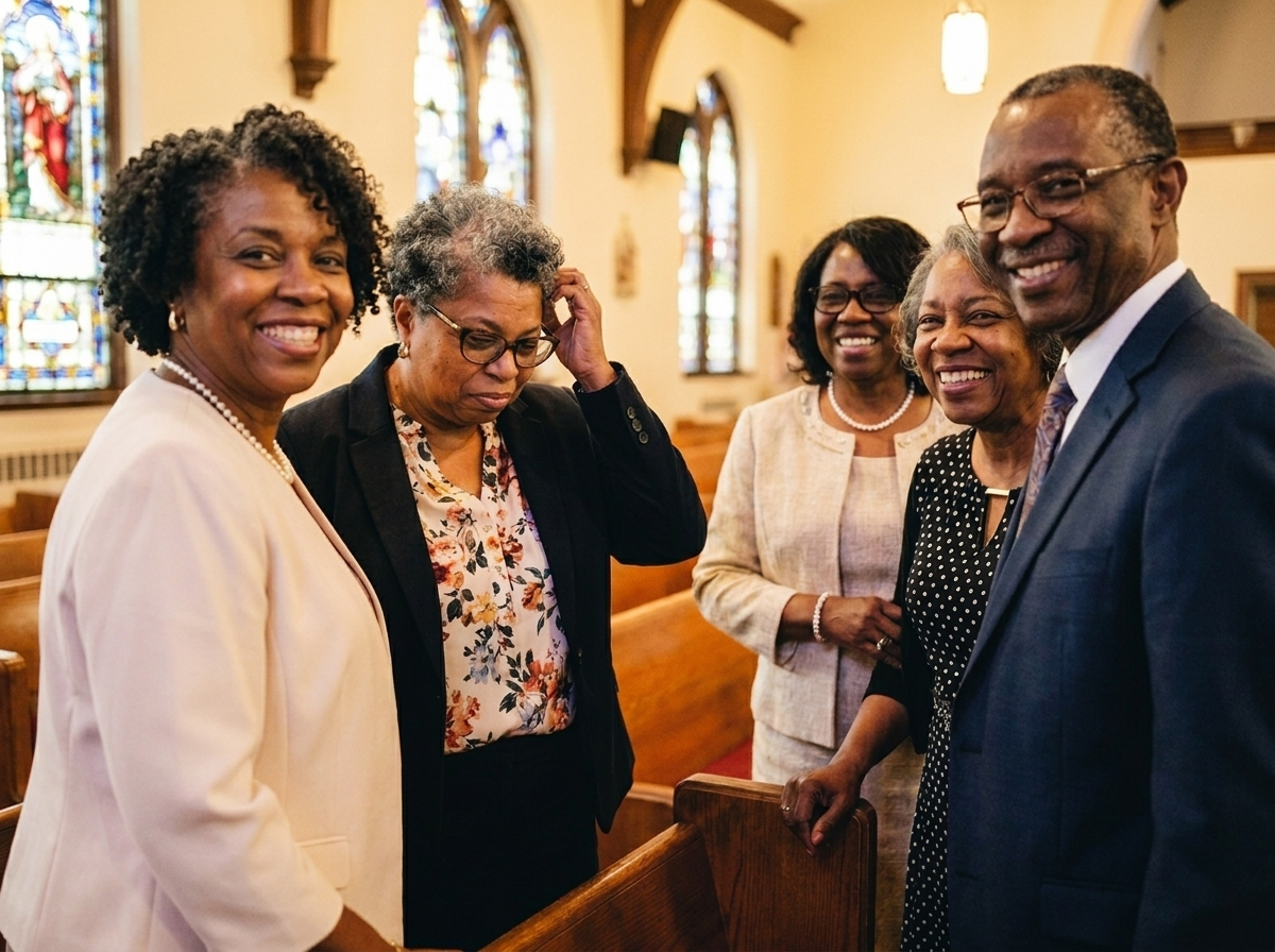 A group of Black churchgoers gathered in the pews after service.